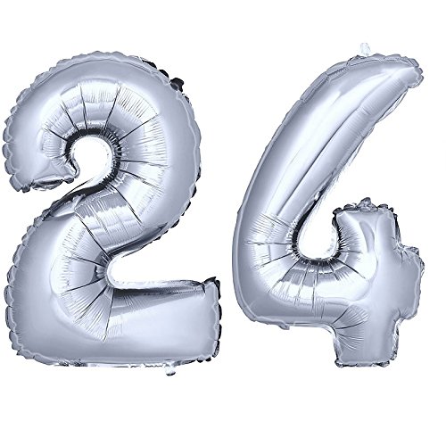 DekoRex ® Folienballon Zahlenballon Luftballon Geburtstag Deko 40cm Silber Zahl: 24