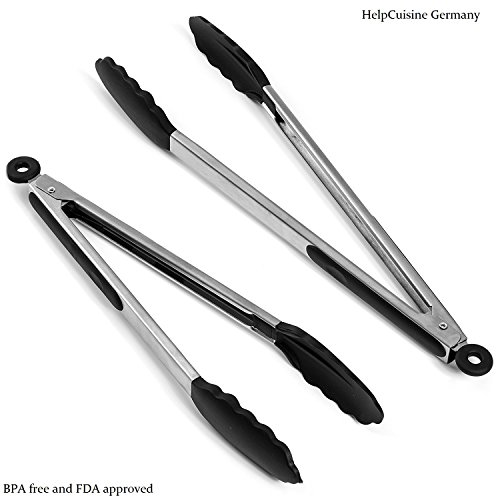 HelpCuisine 2er Profi Grillzange Grillbesteck Bratzange Salatzange Küchenzange aus hochwertigem Edelstahl und Lebensmittelqualität silikon antihaft, antirutsch Effekt und hitzebeständig mit intelligenten sicherungsclip, Allzweckzange (2er Set 22cm/27cm)