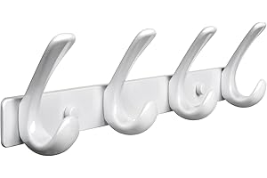 BOOKARROW White 4 Coat Hook Wall Mounted - Heavy Duty Solid Wall Coat Rack - Screws Fixed Wall Hanger Hooks for Hat Towel Bag Robes Purses 610A-4