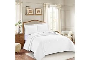 GENERIC BQC Luxury Quilted Bedspread Bed Throw Comforter Embossed Pattern Machine Washable 3 Pcs Inspiration Bedding with 2 Pillow Cases (King, White)