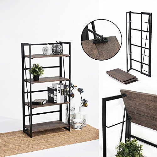 Storage Shelves Fanilife 4 Tiers Foldable Retro Metal Bookcase Storage Display Shelves Unit Wooden Bookshelf Walnut