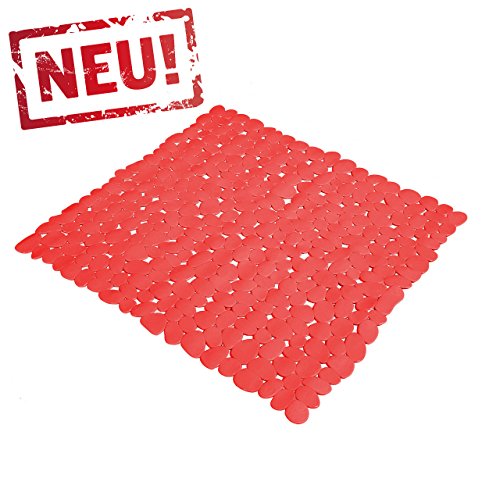 Rote Anti Rutsch Matte für die Dusche - Duscheinlage mit Saugnäpfen - Schadstofffreie Duschmatte in schöner Kieseldekor Steinoptik - Größe: 53 x 53cm