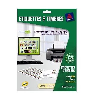 Avery 72 Etiquettes Autocollantes pour Timbres (24 par Feuille) - 63,5x33,9 mm - Impression Jet d'Encre - Blanc (J8159)