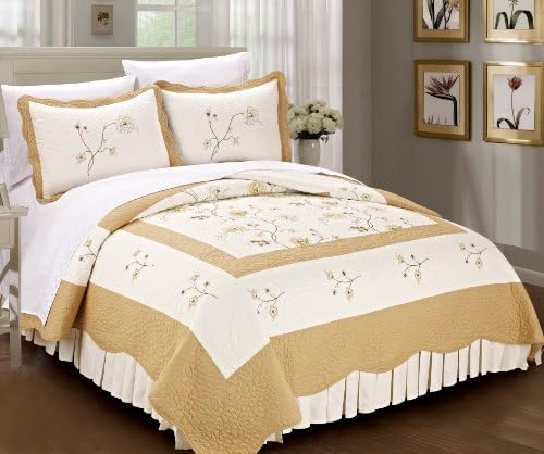 BNF HOME Classic Prewashed Gold Spring Flowers Microfiber Bedspread Quilt 3 Pieces Bed Set (Queen)