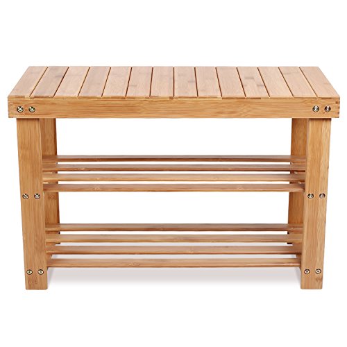 Meilleur FR HOMFA Étagère à Chaussures 2 Niveaux, Meuble Banc de Rangement Chaussure et Salle de Bain, Siège Tabouret pour Chausser, Banquette en Bambou Naturel
