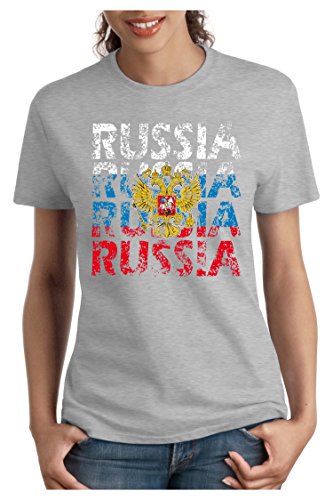 OM3 – RUSSIA – Damen T-Shirt tailliert – RUSSLAND EM 2016 FRANKREICH FRANCE FUSSBALL FANSHIRT SOCCER SPORT TRIKOT EUROPAMEISTER, M, grau meliert