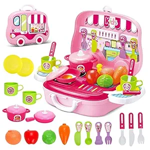Toys N Smile Kitchen Cooking Pretend Play Toy Set for Kids with Suitcase, Accessories,Plastic,Pink,Pack of 25 Pcs