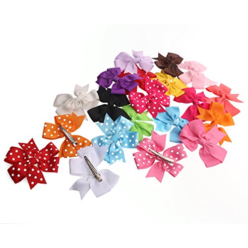 TinkSky Set aus 20 Haarschleifen – Haarclips / Haarspangen, 15 Unifarben und 5 mit Punkten, Band geriffelt auf Krokodilspange / Alligatorspange, für Babies, Mädchen oder junge Frauen - 6