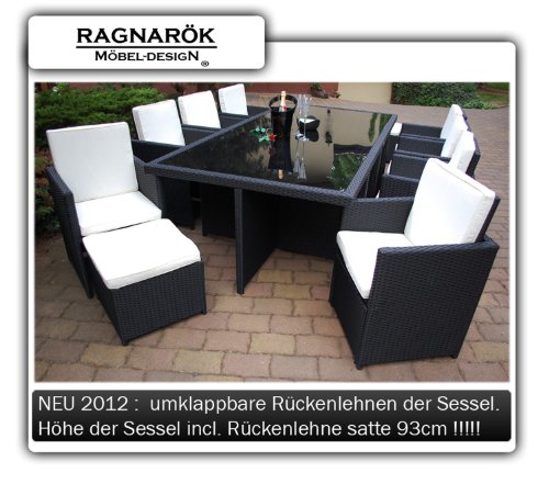 PolyRattan Essgruppe DEUTSCHE MARKE -- EIGNENE PRODUKTION Tisch + 8x Stuhl & 4x Hocker 7 Jahre GARANTIE Garten Möbel incl. Glas und Sitzkissen Ragnarök-Möbeldesign (schwarz) Gartenmöbel