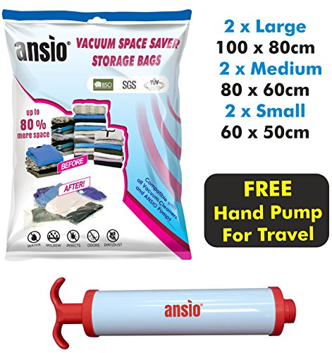 Conjunto de 6 bolsas de almacenaje al vacío para ropa, 2 grandes (100 x 80 cm), 2 medianas (80 x 60 cm) y 2 pequeñas (60 x 50 cm) Extra fuerte, doble cremallera y sellado triple. Ideal para ropa, edredones, almohadas, cortinas y viajar. Bomba de vacío incluida.