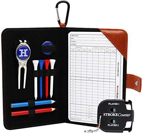 HandyPicks Funda de Cuero para Tarjetas de Puntuación de Golf, Acesorios Incluidos (1 Herramienta de Reparación de Divot, 2 Marcadores de Pelota, 4 Cartas, 2 Lápices, 1 Contador) (Marrón Claro)