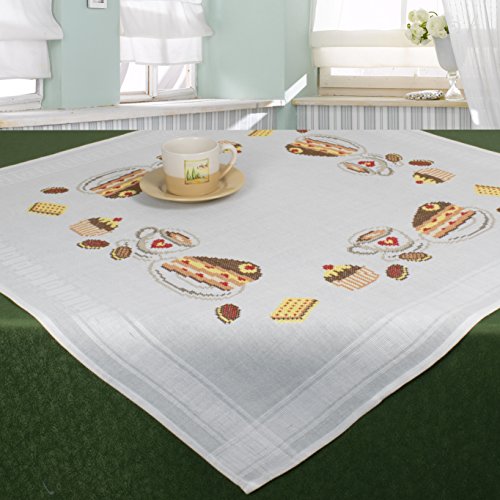 Stickpackung KAFFEE & KUCHEN / Komplettes Vorgezeichnetes Tischdecken Set zum Sticken / Stickset mit Stickvorlage für Erwachsene / Sticken im Kreuzstich
