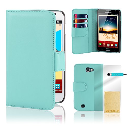 32nd Klapphülle im Brieftaschenstil aus PU-Leder für Samsung Galaxy Note N7000 (i9220), inklusive Displayschutzfolie und Reinigungstuch Blau hellblau