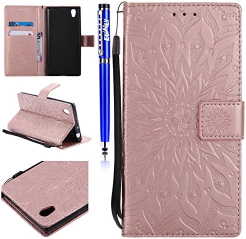 FESELE Leather Case for [Sony Xperia L1],PU Leather Fold Wallet Pouch Case Wallet Flip Cover Bookstyle Magnetic Closure with Card Slots &amp; Stand Function Anti-Scratch Anti-Shock Slim Protective Case Cover for Sony Xperia L1 + 1 x Blue Stylus Pen - Rose Red