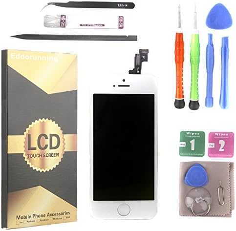 Eddorunning For iPhone 5S SE Screen Replacement Touch Digitizer and LCD Display Assembly with Front Camera Plastic Holder Earpiece Anti-Dust Mesh and Repair Tool Kit White