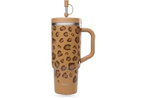 QWETCH - Travel Cup 900ml avec Paille & Anse - 48h Glacé / 12h Froid - Gourde Isotherme Inox Recyclé - Mug avec Bouchon à Vis Anti-Éclaboussures - Tasse Thermo - Leopard Camel