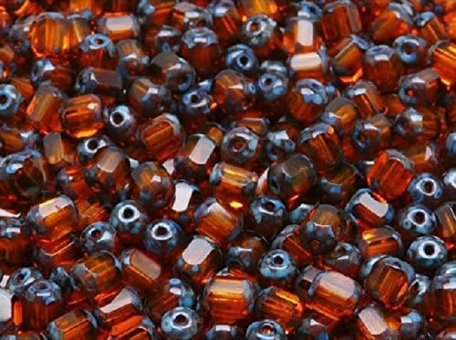 50 Pieces 6x4mm Cathedral Beads - Czech Glass Faceted Fire-Polished Beads in The Form of Olive, Hyacinth Travertine Ends
