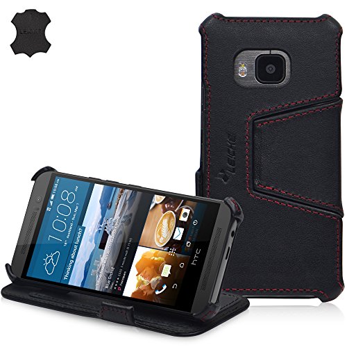 Manna | Funda de Piel auténtica para HTC One (M9) | Función Soporte | Cuero de napa 'Astana' | Color Negro | con Ranura para Tarjetas de crédito o de Visita