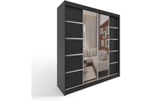 ML FURNITURE LTD ML Furniture C5 szafa na ubrania z drzwiami przesuwnymi 150 x 200 x 58 cm z lustrem – meble do sypialni, do przechowywania – szafa wielofunkcyjna – kolor: czarny – 2 drzwi przesuwne