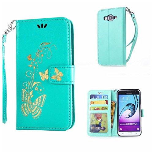 Galaxy J3 2016 Hülle Ledertasche [mit Frei Hartglas Displayschutzfolie], KKEIKO® Schutzhülle PU Leder Tasche Hülle Case für Samsung Galaxy J3 2016, Wickelfalz Handyhülle mit Bändselloch Standfunktion Karteneinschub und Magnetverschluss, Kratzfeste Lederhülle Flip Wallet (Schmetterling #1)