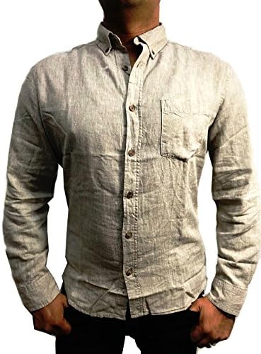 Ex Next Mens Linen Viscose Slim Summer Quality Long Sleeve Casual Smart Holiday Shirt (L, Beige)