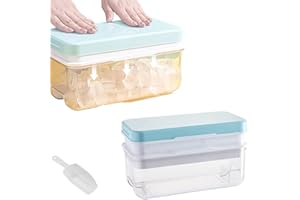 Ninyoon 1 Second Demould - Bandeja de cubitos de hielo con tapa y cubo, moldes de hielo de 2 niveles hacen 64 cubitos de hielo, cubo de gran capacidad que incluye cuchara (Azul)
