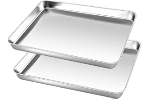 Small Baking Tray, Onader Stainless Steel Oven Trays Cookie Sheet Pan, Set of 2 Perfect for Baking Cooking Serving, Non Toxic & Healthy, Heavy Duty & Mirror Finished & Dishwasher Safe, 26.4x20.4x2.5cm