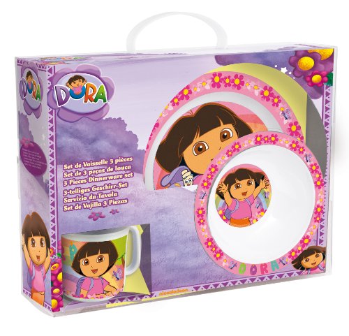 Stor 94490 - Geschenkbox mit 3-teiligem Geschirr aus Melamin mit Randverzierung (Teller, Schale und Tasse) und Dora-Motiv
