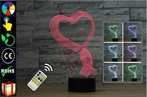 3D Illusion Lamp 7 Colour Changing Acrylic LED Night Light with,Art Sculpture Lights Room Home Decoration+Remote Control,USB Charger, Pretty Cool Toys Gifts Birthday,Holiday,Valentine's Day (Love bow tie)