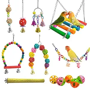 E-KOMG 13 Packs Bird Swing Toys,Parrot Chewing Hanging Perches with Bell,Pet Birds Cage Toys Suitable for Small Parakeets,Love Birds,Cockatiels,Macaws,Finches