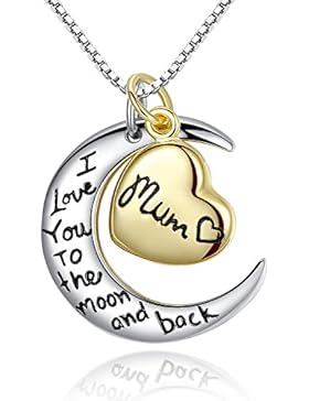 Sterling Silber: Zweiteiliger gold- und silberfarbener Anhänger Mom I Love You To The Moon And Back mit Halskette...