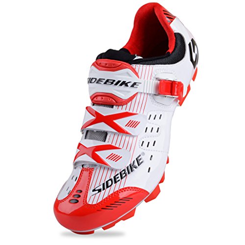 TXJ Uomo Traspirante Bicicletta Ciclismo Scarpe per MTB(Si Prega di Scegliere Una Taglia più Grande del Solito Indossare) (44, Bianco/Rosso)
