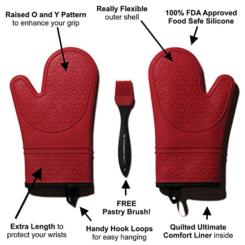 The Triumphant Chef Super Flex Silikon Ofenhandschuh, wattiertes Deluxe-Futter, 1 Paar, Dunkel-Rot, Gratis Saucen-Pinsel - 2