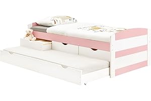 IDIMEX Letto estraibile Jessy letto per bambini Funzionale con cassetto letto e deposito 3 cassetti, letto 90 x 190 cm 1 Piazza, in pino massiccio laccato bianco e rosa