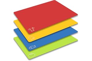 FOTOUZY Chopping Board Set Flexible Plastic Colored Mats with Food Icons, BPA-Free Cutting Boards, Non-Porous, Dishwasher Safe, Set of 4