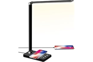BIENSER LED Desk Lamp with Wireless Charger, USB Charging Port, Table Lamp with 10 Brightness, 5 Lighting Colors, Dimmable Eye-Caring Desk Lamps for Home Office, Touch Control, 30/60min Auto Timer