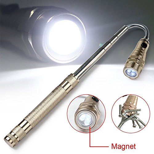 KIMILAR Einziehbares LED Taschenlampe Teleskop Verlängerung Fackel Arbeit Licht mit MAGNETIZED Finder Base Pick Up Tool(Max Length 57CM), inkl. Batterien (Gold) - 2