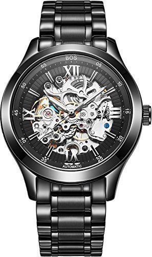 Angela Bos Herren Armbanduhr, mechanisch phosphoreszierende Zeiger, Skelettdesign mit schwarzem Zifferblatt, Stainless Steel Schwarz Angela Bos Herren Armbanduhr, mechanisch phosphoreszierende Zeiger, Skelettdesign mit schwarzem Zifferblatt, Stainless Steel Schwarz