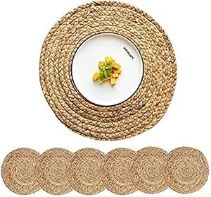 Jute Rug, Natural Fibres, Braided Reversible Carpet for Bedroom Living Room Dining Room chindi Carpet (Brown, 30 cm Round) Set of 6 pcs