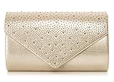  VINCENT PEREZ Damen Clutch Abendtasche Unterarmtasche Umhängetasche mit Strass-Steinen und abnehmbarer Kette in den Farben Silber Gold Altrosa (120 cm), 22 x 13 x 5,5 cm (B x H x T), Farbe:Gold