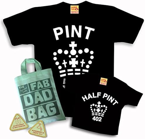 Matching Pint &amp; Half Pint T shirt Set for Father &amp; Son or Daughter - Black - with Fab Dad Goody Bag and extra dad treats. (Half Pint 0-6 months, Black Pint Large)
