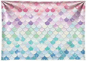 Funnytree Durable Fabric Little Mermaid Scales Photo Backdrop No Wrinkles Summer Under The Sea Baby Girl Princess Birthday Baby Shower Photography Background Cake Table Party Decorations Banner 7x5ft