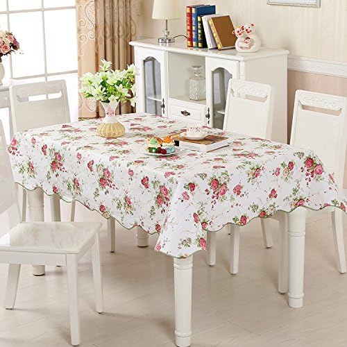 LikeYou Pastoral Floral PVC Table Cloth Oblong 54 Inch By 72 Inch Flannel Backed Table Cover Oil Resistant and Water Repellent for Dinner Table, Pink/Multi-Color … (54Wx72H, Pink/Multi-Color)