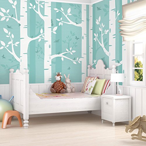 Vliestapete – Fototapete Holz Grüner Birkenwald mit Schmetterlingen und Vögel – Fototapete Breit Vlies Tapete Wandtapete Wandbild Kindertapete 3D Fototapete, Größe HxB: 255cm x 384cm - 2