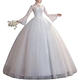 Damen A Linie Prinzessin T ll Spitze Hochzeitskleider Lange Formale Brautkleider Langarm Spitzenstickerei V-Ausschnitt Vintage Lang Prinzessin Abendkleid