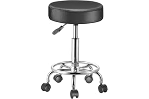 BAKAJI Sgabello con ruote rotondo, Seduta in Ecopelle e Base Acciaio Girevole a 360°, Altezza Regolabile, Imbottitura con spessore da 10 cm, Ideale per Bar, Casa, Estetista, Studio medico (Nero)