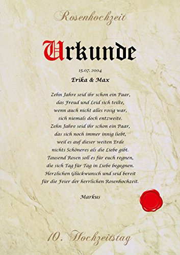 Rosenhochzeit Urkunde persönliche Geschenk Karte zum 10. Hochzeitstag Pergament div. A4 Papier Motive - 4