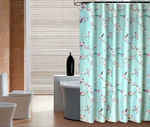 Alicemall Duschvorhang Bad Wasserdicht Anti-Schimmel Vorhang Blau 180cmx180cm (Vögel und Blumen)