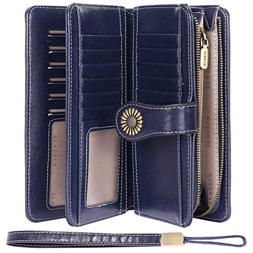 Portefeuille Femme Cuir Grande Capacite Porte Monnaie Femmes RFID Blocage, Grand Portefeuille Femmes XXL avec Emplacements Cartes et Fermeture Eclair, Compagnon Portefeuilles Chequier (Bleu)
