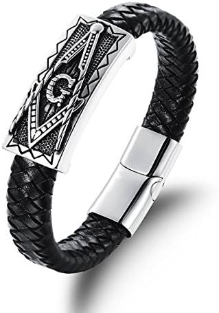 Symbols Freemason Masonic Stainless Steel Genuine Leather Bracelet Bangle Cuff Silver Black Classic Men